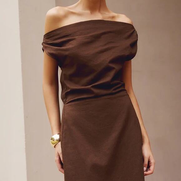 NWT REVOLVE &MINIMALIST lovers COMMENSE linen cotton brown maxi DRESS M - Picture 3 of 14